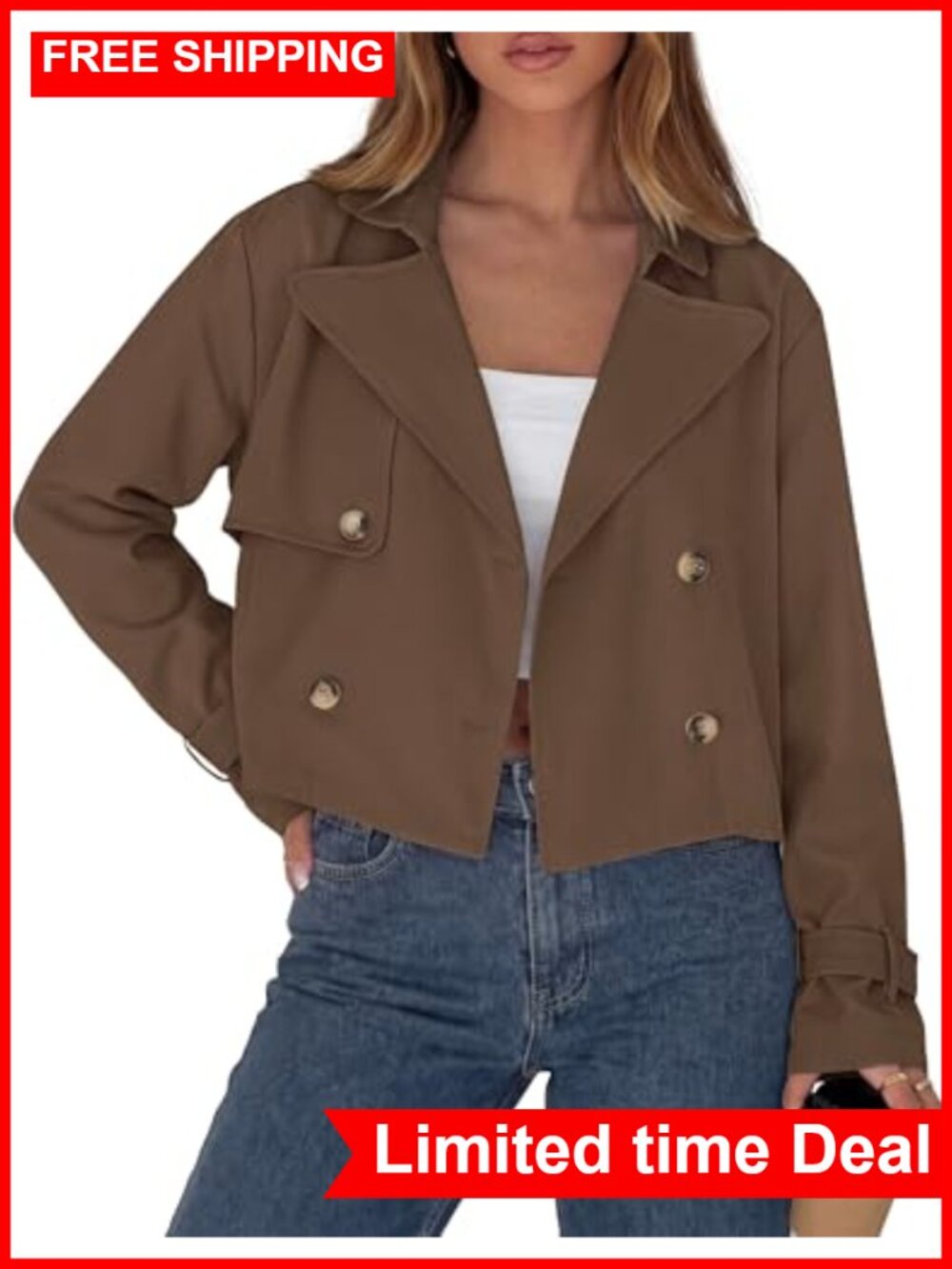 Cropped Trench Coat Double Breasted Loose Fit Lightweight Jacket